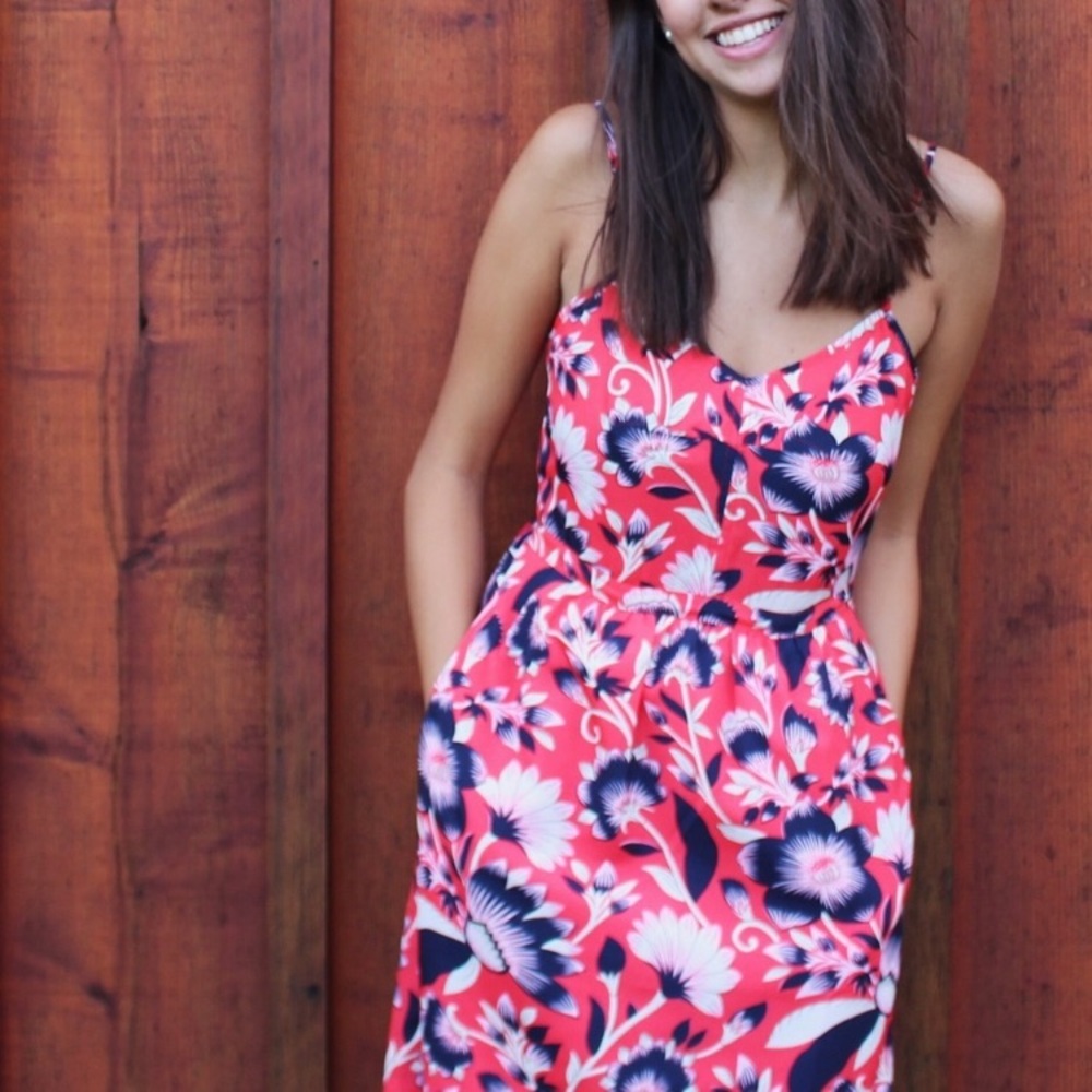 J. Crew Coral Floral Midi Dress with Navy and White Print